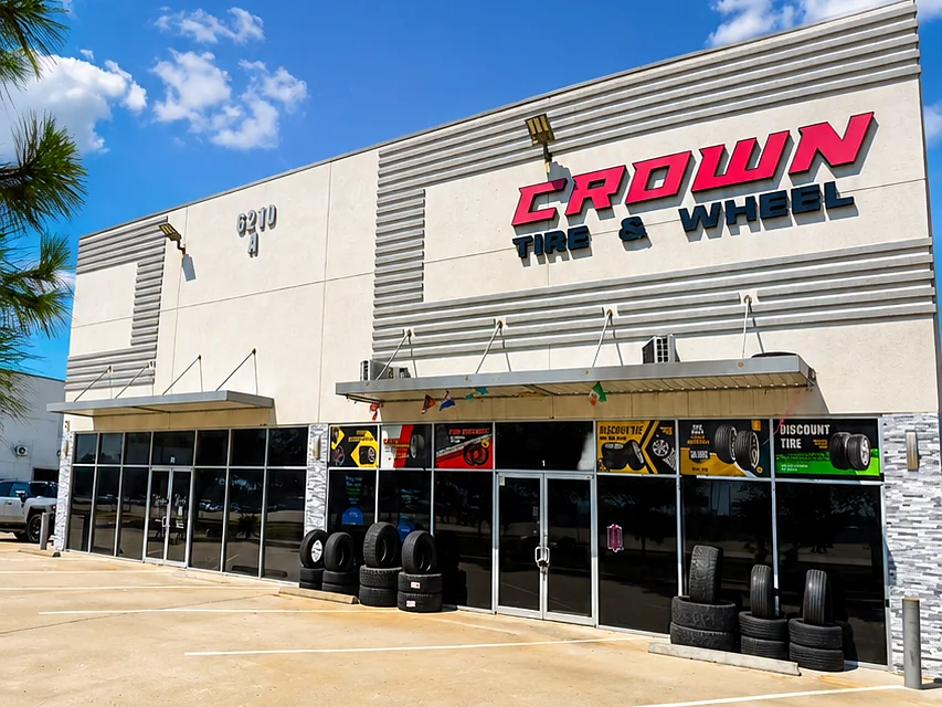 Crown Tire & Wheel storefront with its red sign on S Dairy Ashford Rd