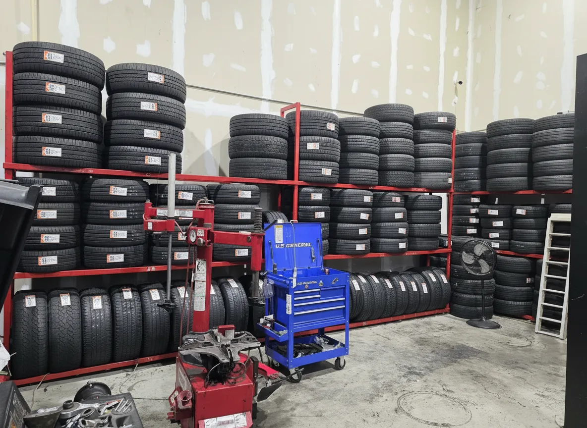 Red racks full of used tires with their labels, a red tire changer and a blue tool cart
