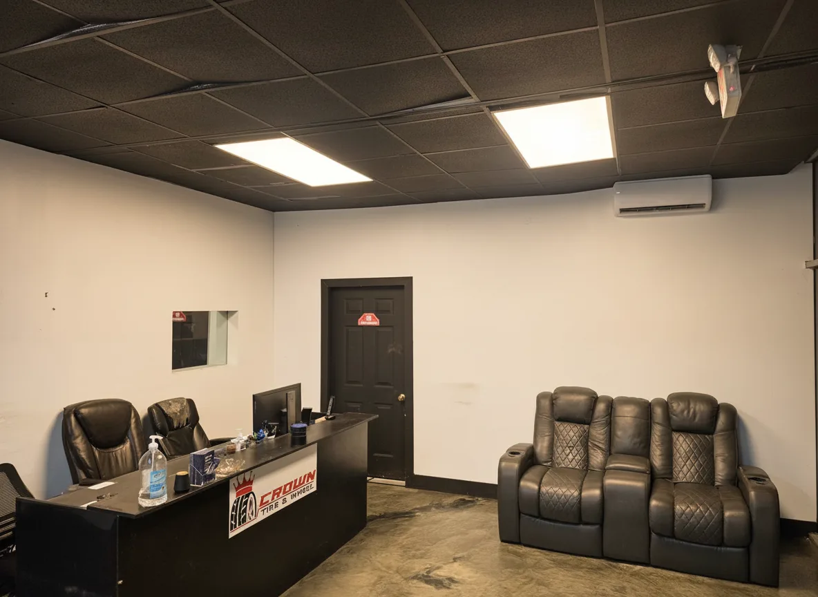 Waiting lounge with leather recliners and the front desk