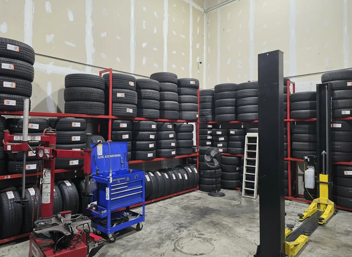 Service bay with a two-post lift, a tire changer and racks of tires